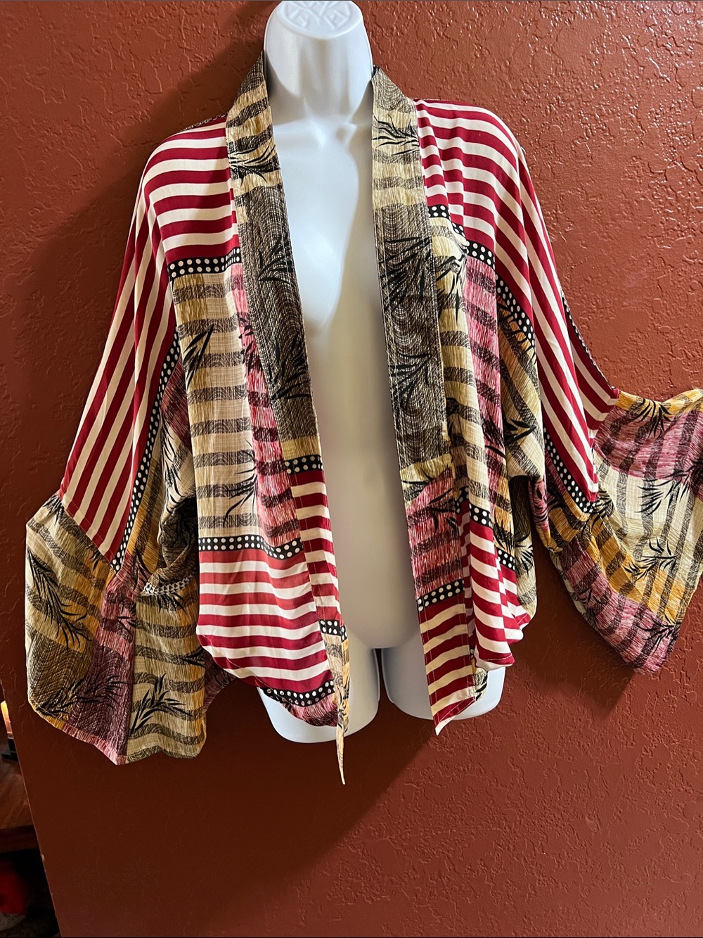 Open-Front Striped & Botanical Kimono Jacket in Red and Cream. SILK